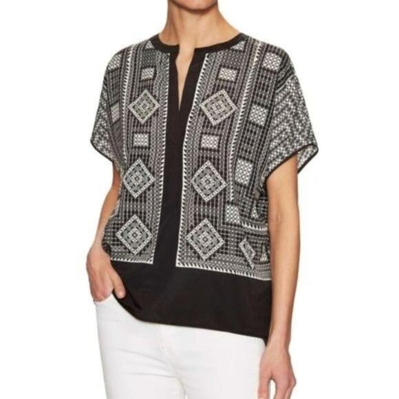 BCBG MaxAzira 'Ayanna' Geometric Print Boho Scarf Blouse Black/White size XS - Picture 2 of 10